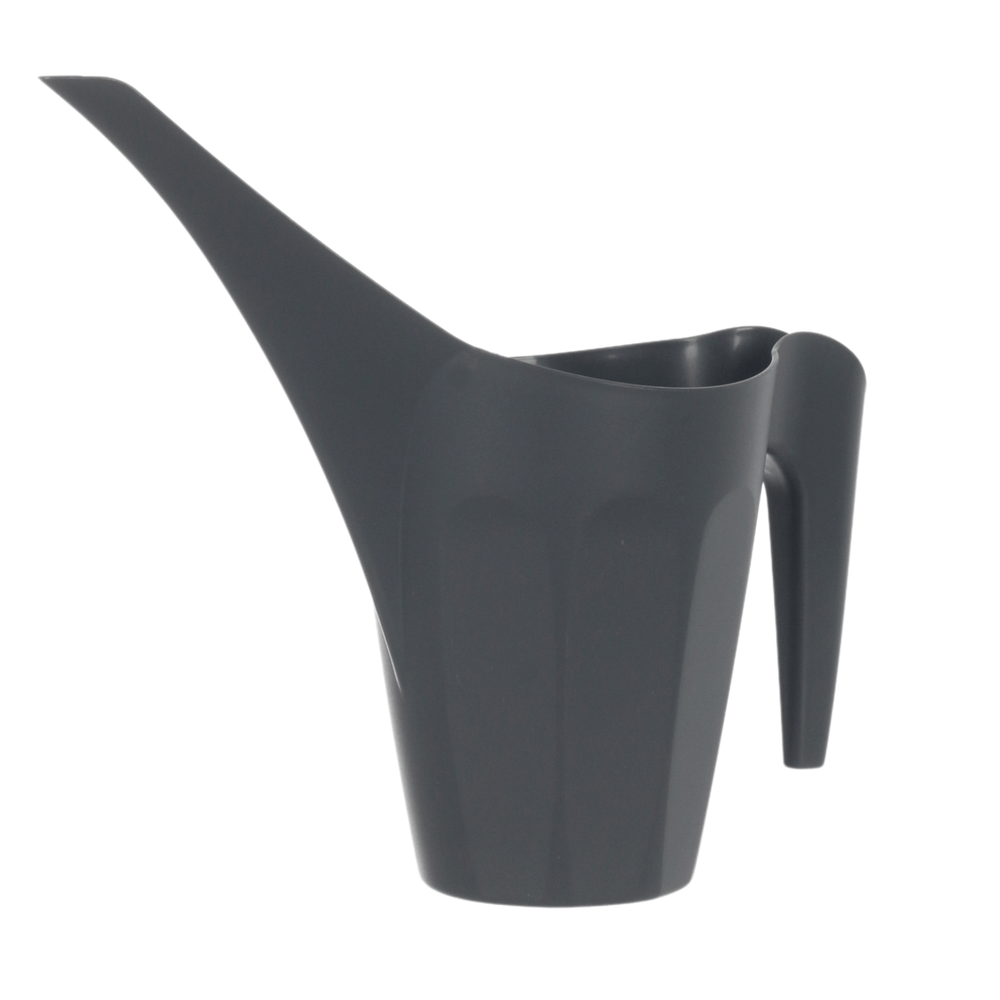 side view of watering can with long spout and ergonomic handle