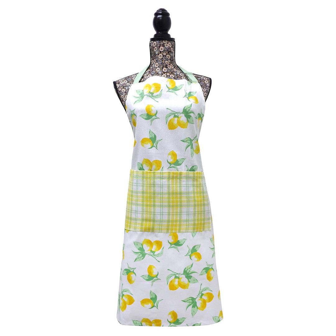 Lemons design apron with yellow, green and white checked pocket