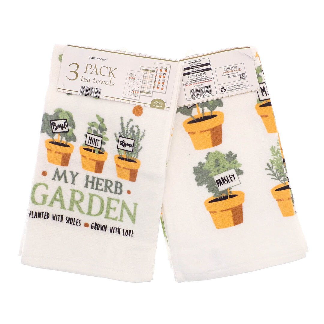 pack of 3 tea towels with herb garden theme designs and plant pots