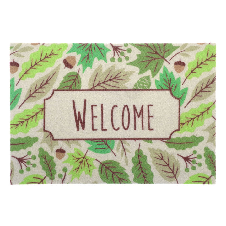 Doormat with Welcome and leaves pattern in green and grey