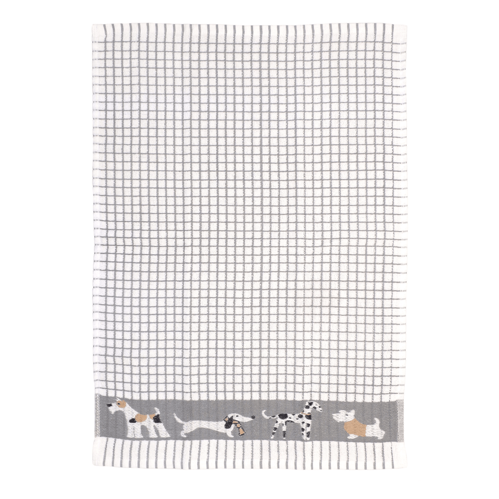 tea towel fully opened out to reveal grey check pattern and dogs at the bottom including dalmation and sausage dog