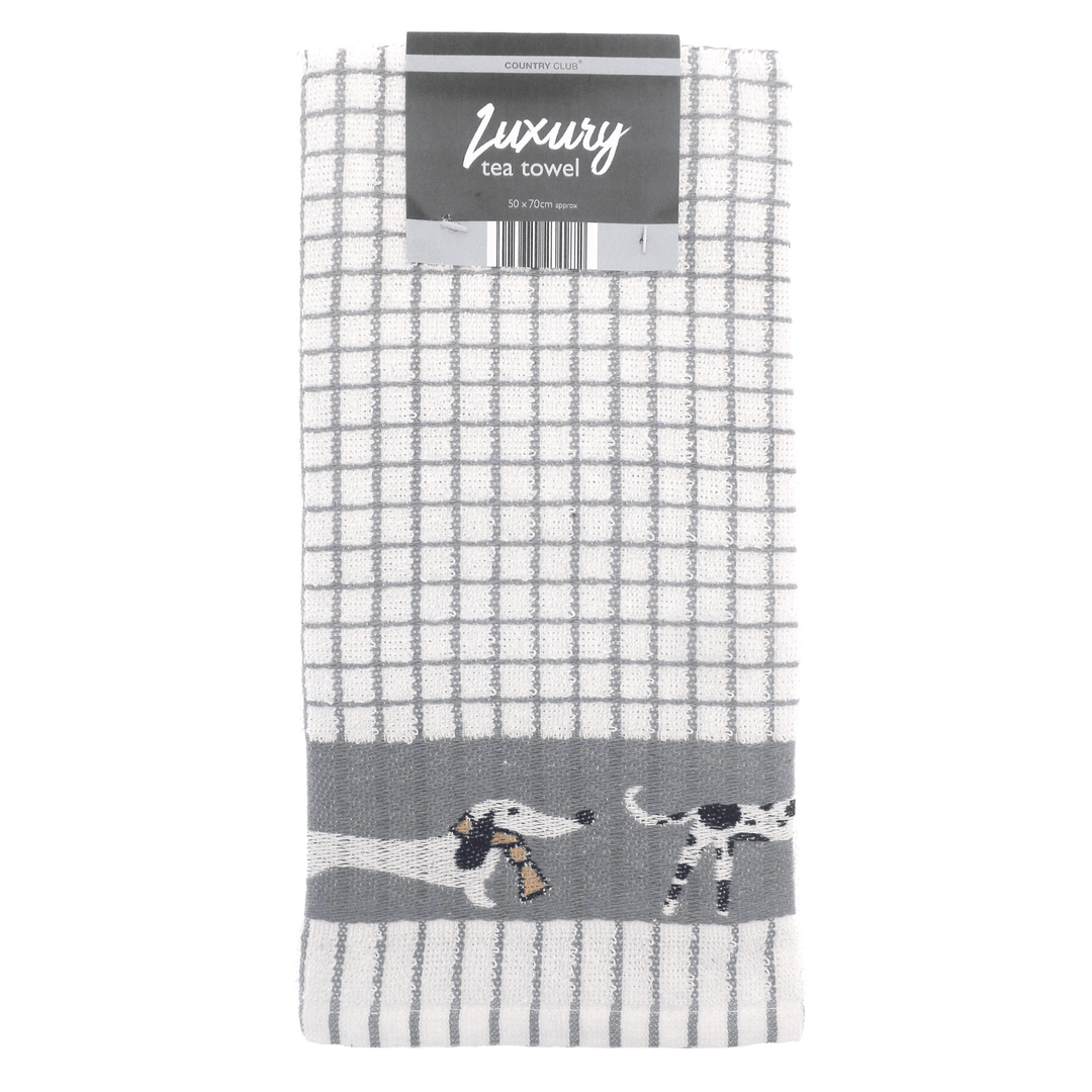 luxury tea towel with grey check design and border featuring cute dog breeds