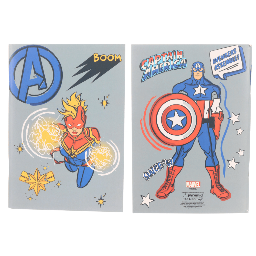 front and reverse of notebook 1 in grey colour with caption marvel and captain America and comic style text and graphics