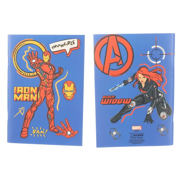front and reverse side of blue notebooks featuring ironman and black widow with fun graphics