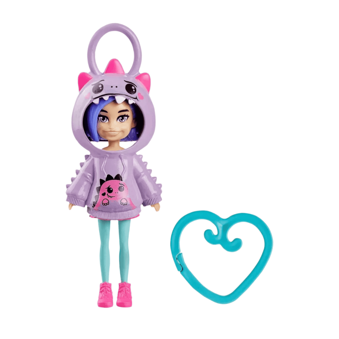 13cm polly pocket doll wearing unicorn themed hoodie top with dinosaur design and blue clip on heart