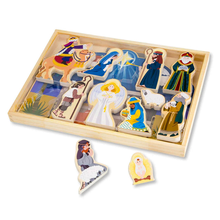Wooden Nativity Set with stable and 11 figures in a wooden tray for storage