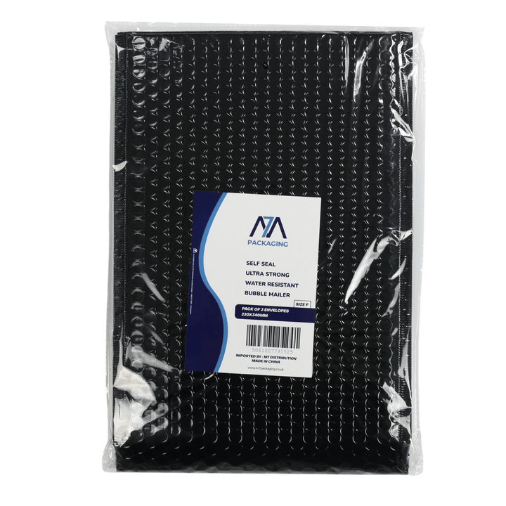 Size F pack of 3 bubble mailer black envelopes in cellophane packaging