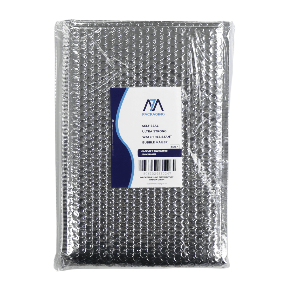 Size F pack of 3 bubble mailer envelopes in cellophane packaging