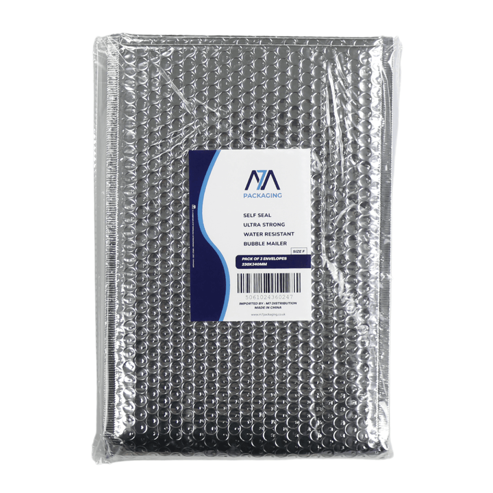 Size F pack of 3 bubble mailer envelopes in cellophane packaging
