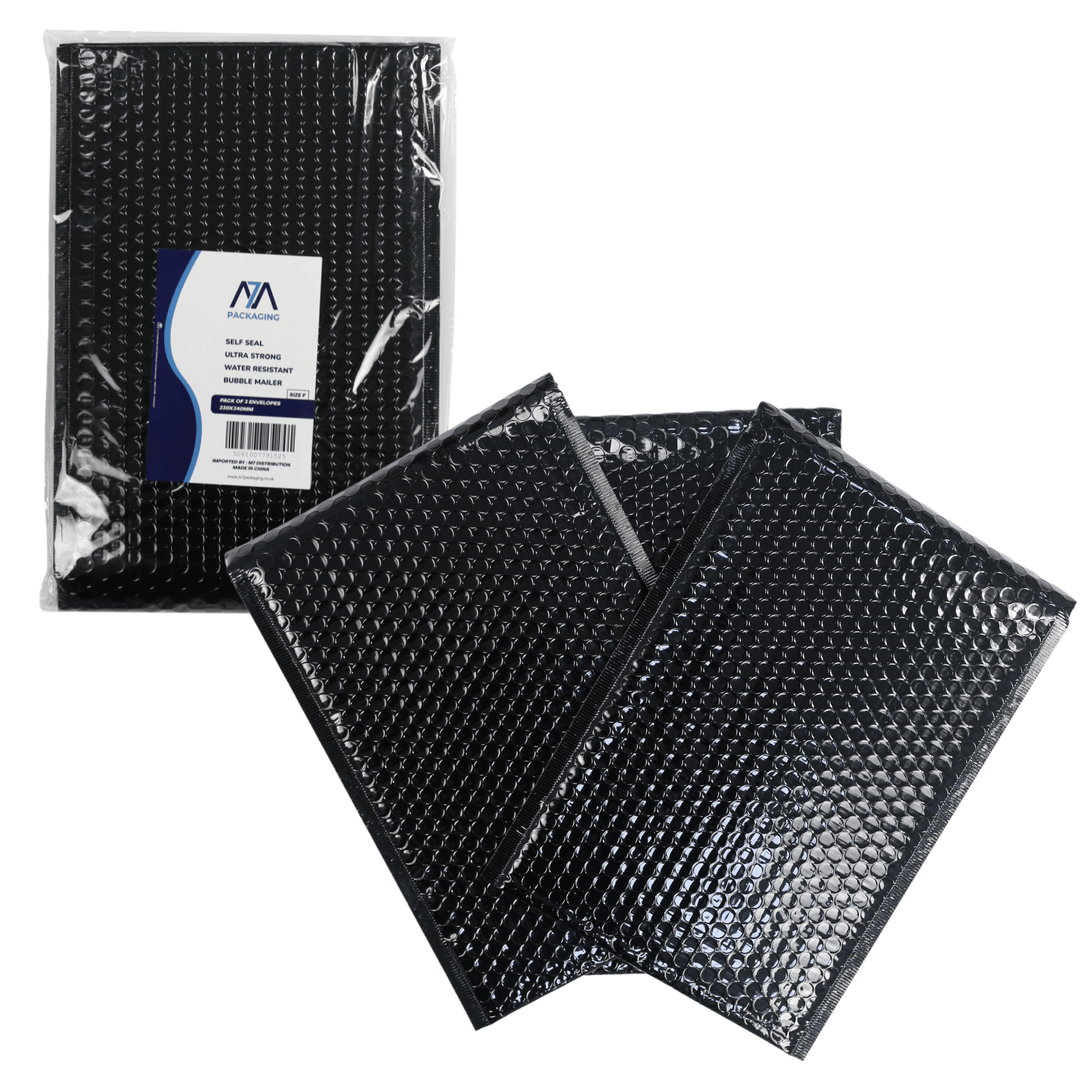 Size F pack of 3 bubble mailers on white background with cellophane packaging with M7 branding