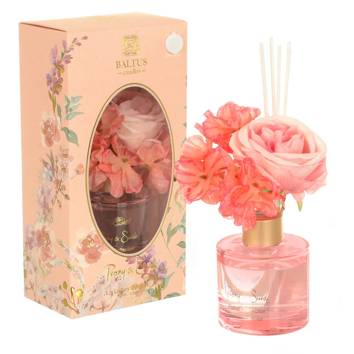 Peony & Suede gift boxed scented reed diffuser with pink faux flowers and pink glass bottle