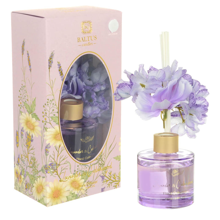 Lavender & cedarwood scented reed diffuser with lilac faux flowers and lilac glass bottle