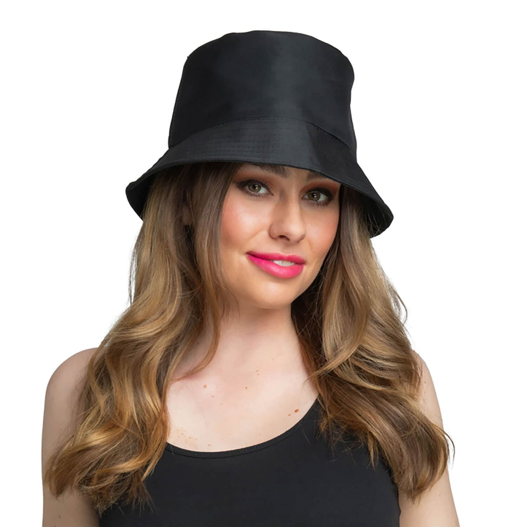 Lady wearing a black bucket hat for fancy dress costumes