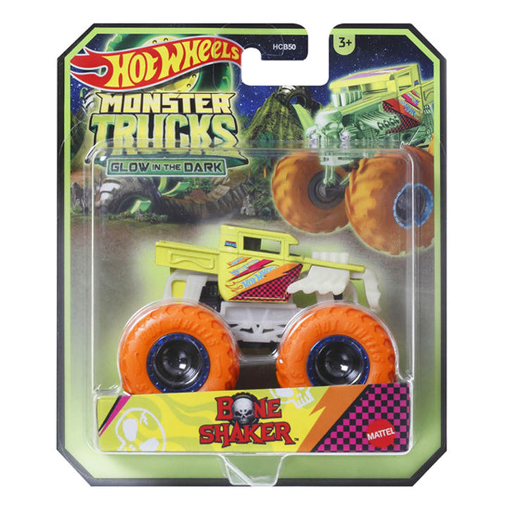 Bone Shaker glow in the dark monster truck with orange wheels