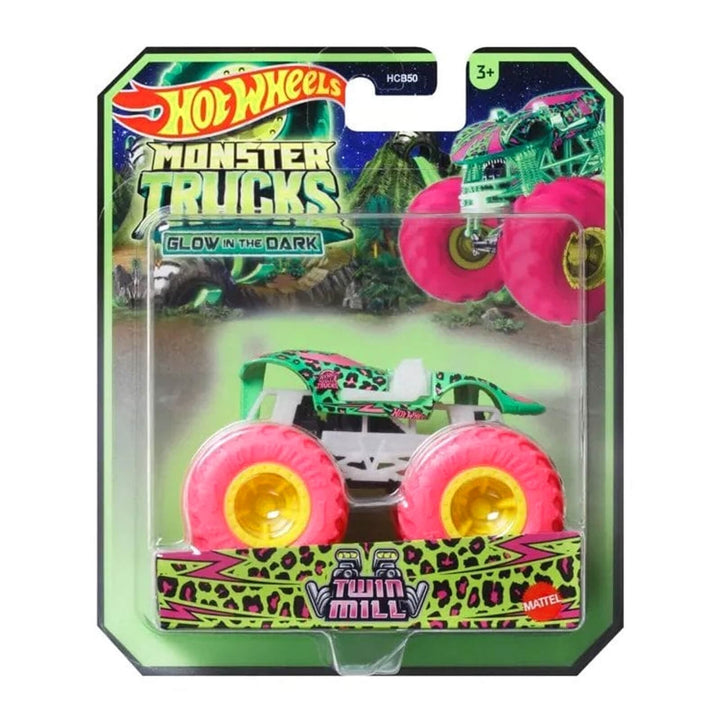 Twin Mill glow in the dark Monster Truck with pink and yellow wheels