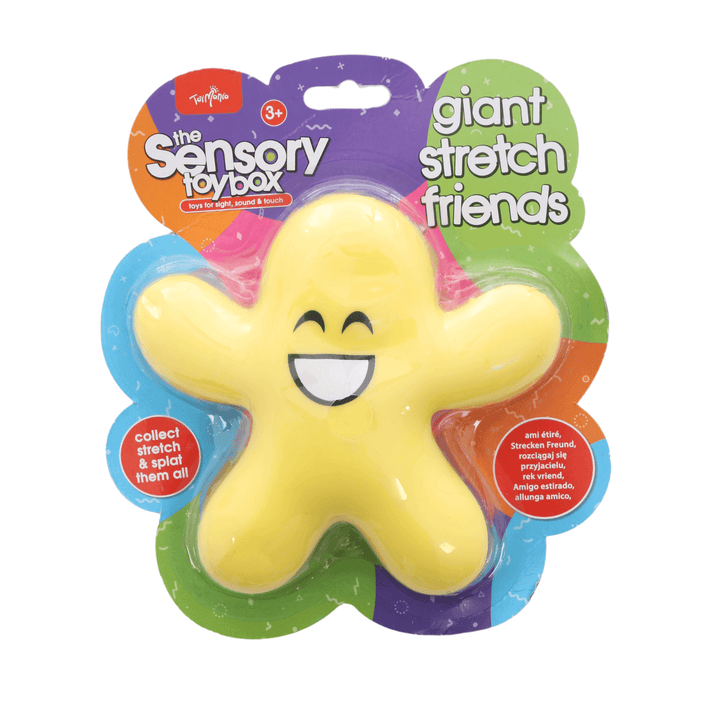 yellow giant stretch friends with paper packaging featuring 'toy mania' brand logo, 'the sensory toy box -toys for sight, sound and touch' details with collect, stretch and splat them all.