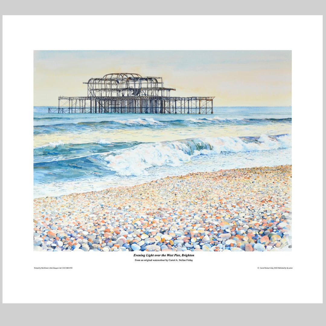 Brighton West Pier print watercolour painting with breaking waves and pebbles