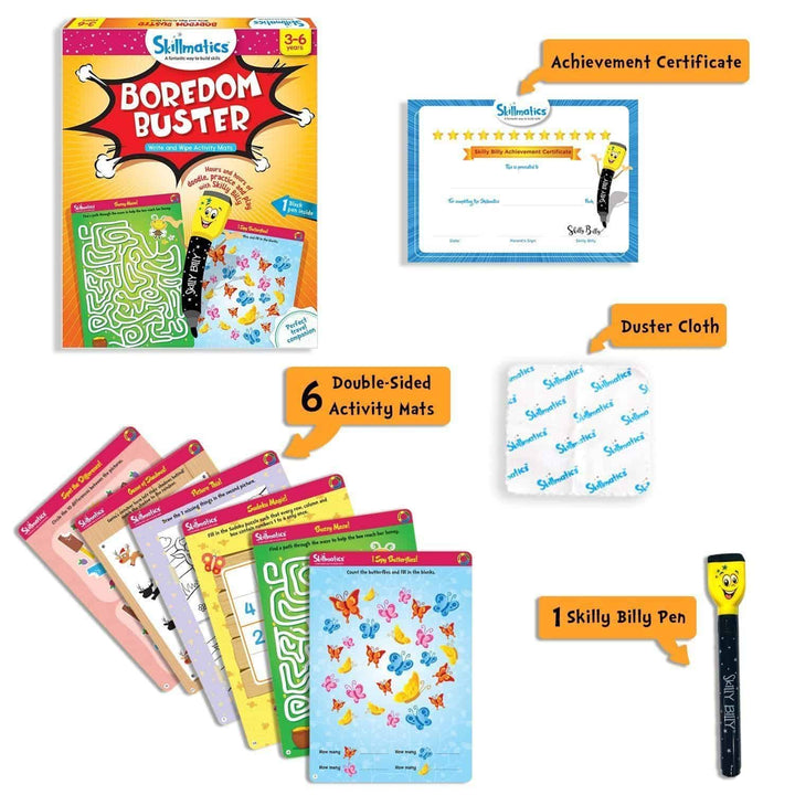 Contents of the Boredom Buster write and wipe activity mats