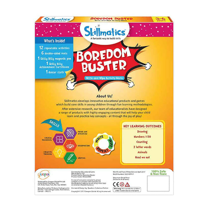 Back of the pack of Boredom Buster write and wipe reusable activity mats