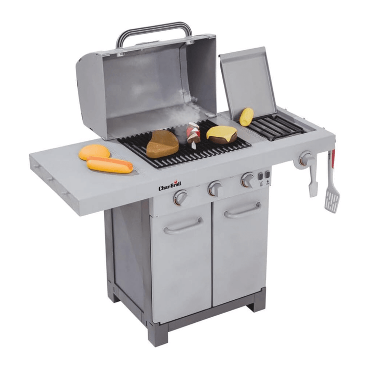 char broil grey colour smoker bbq pretent play toy set with streak, skewers, burgers and corn on cob on top of the grill with smoke effect coming out top