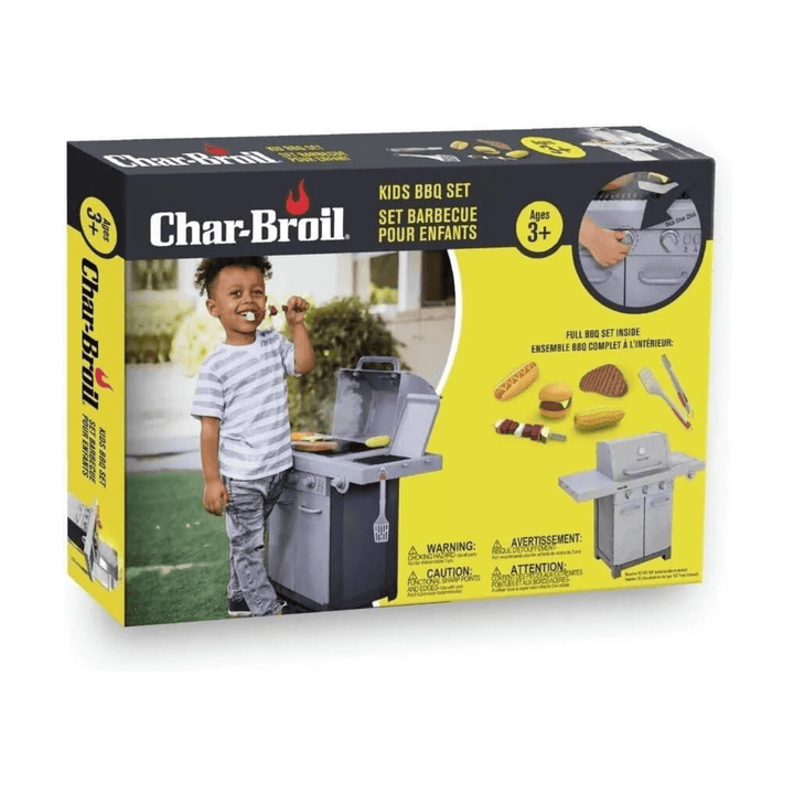 char-broil kids bbq set in yellow box wit picture of young boy smiling on front as he holds up his pretend skewer
