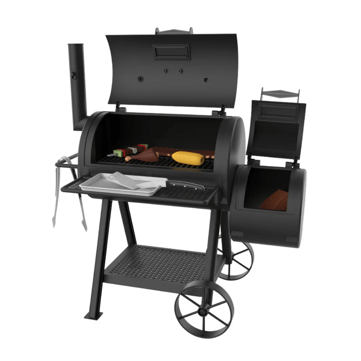 oaklahoma joe's authentic kids pretent smoker bbq set with black grill, pretend food and tools