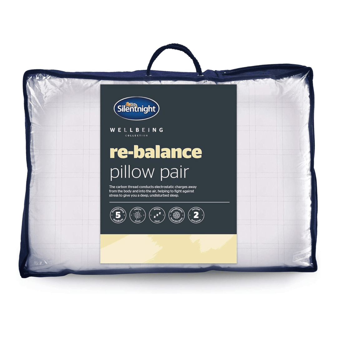 re balance pillow pair from silentnight's wellbeing collection, 2 pillows with grey thread in blue storage bag with handle