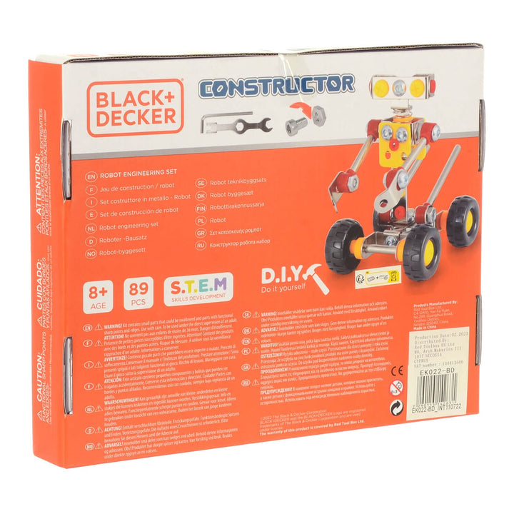 Back of the box of Black + Decker Constructor Robot engineering set