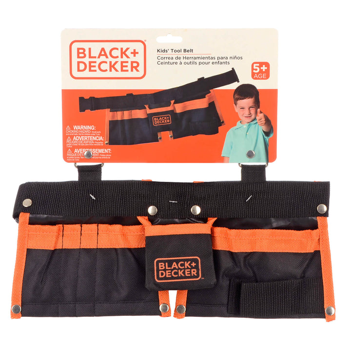 Kids' Tool Belt from Black + Decker in black and orange with assorted pockets for play tools