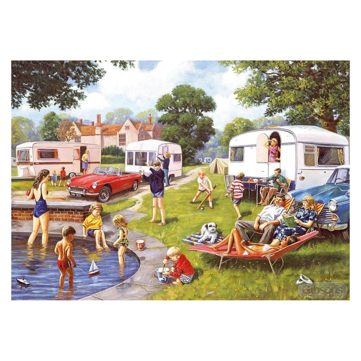 Illustrated scene of a caravan park in an English village in the sixties