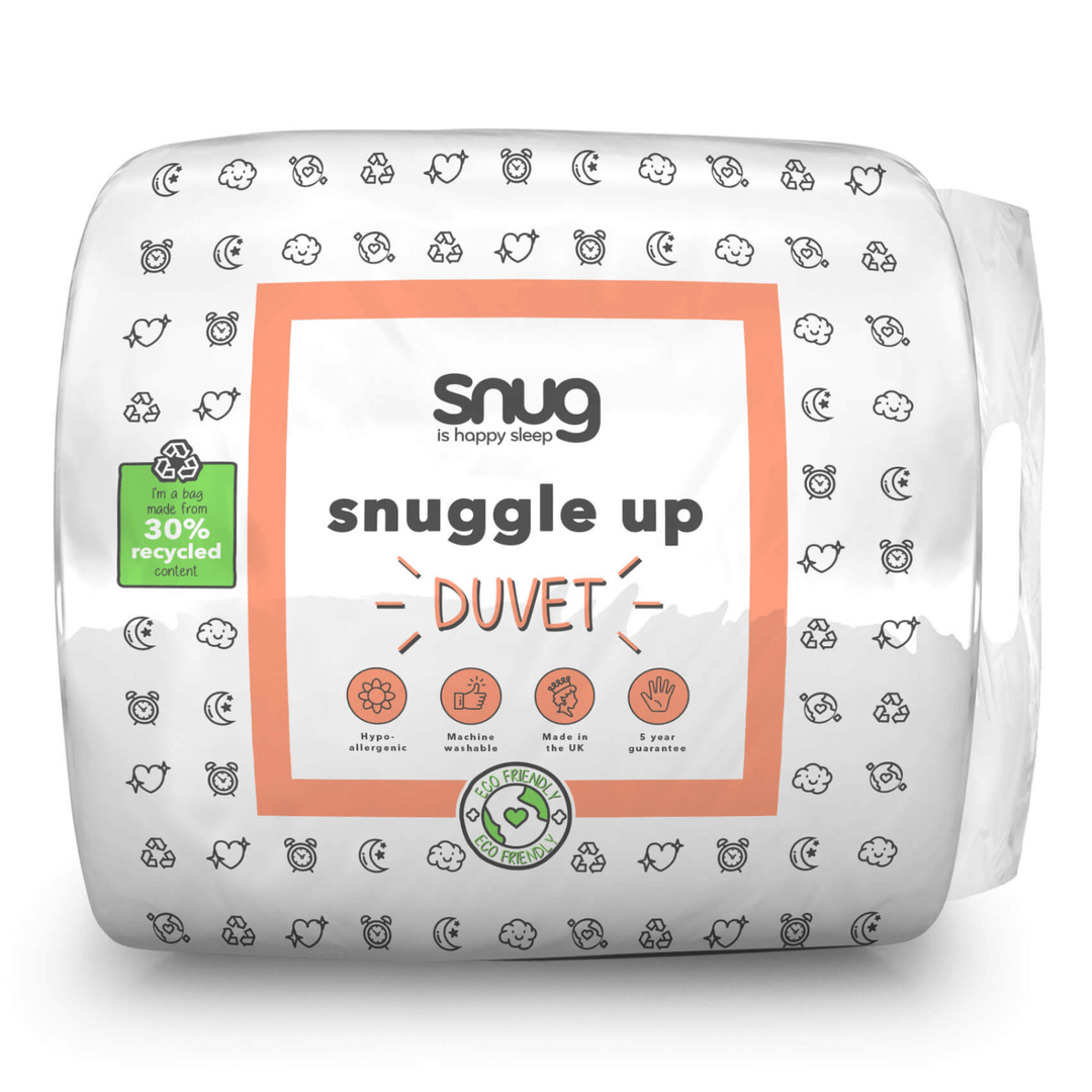 Snug snuggle up duvet packaging with branding and product details on a white background
