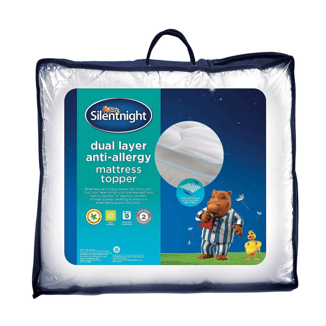 Silentnight dual layer anti-allergy mattress topper packaging with cartoon characters on a white background
