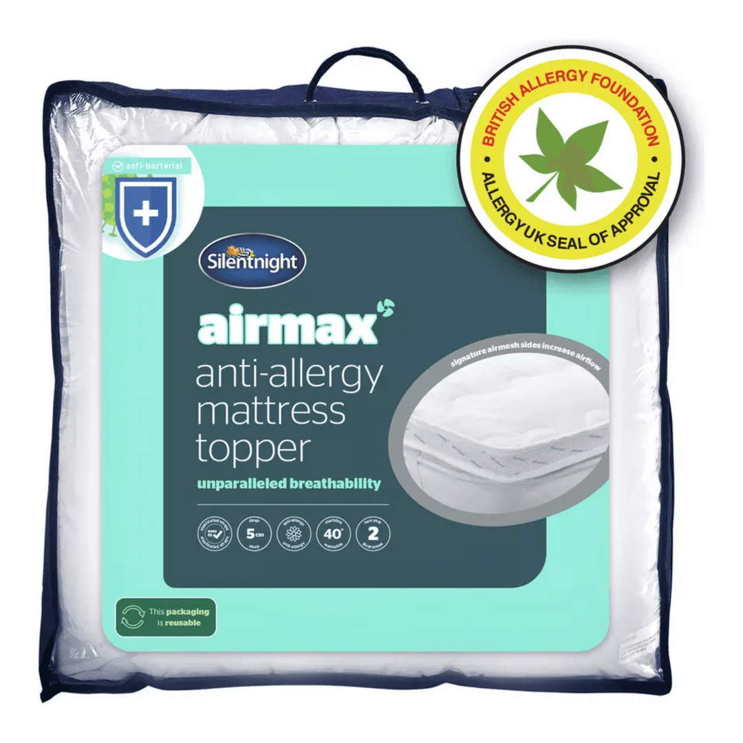 Silentnight Airmax anti-allergy mattress topper packaging with British Allergy Foundation seal.