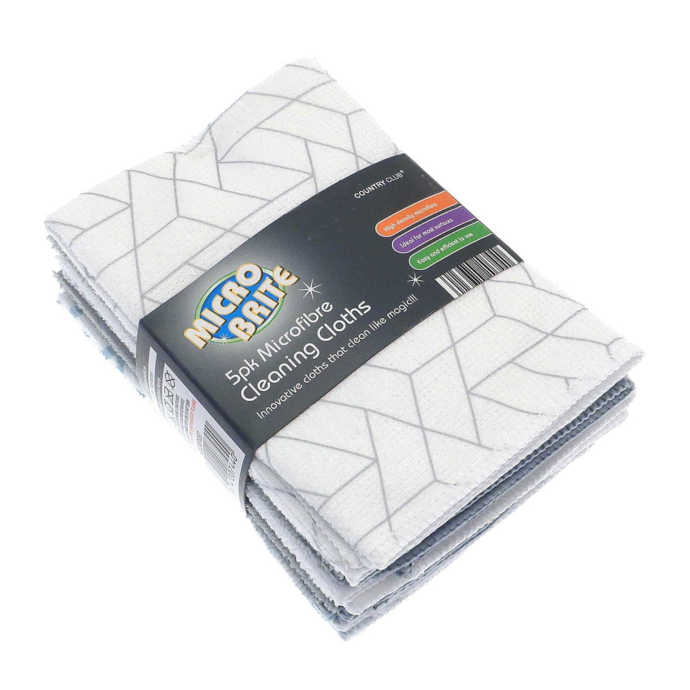 Pack of 5 microfibre cleaning cloths with grey geometric pattern