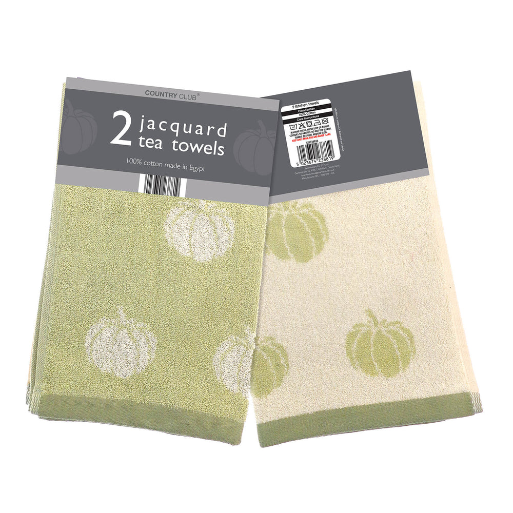 Green pumpkin pattern pack of 2 kitchen tea towels for Autumn