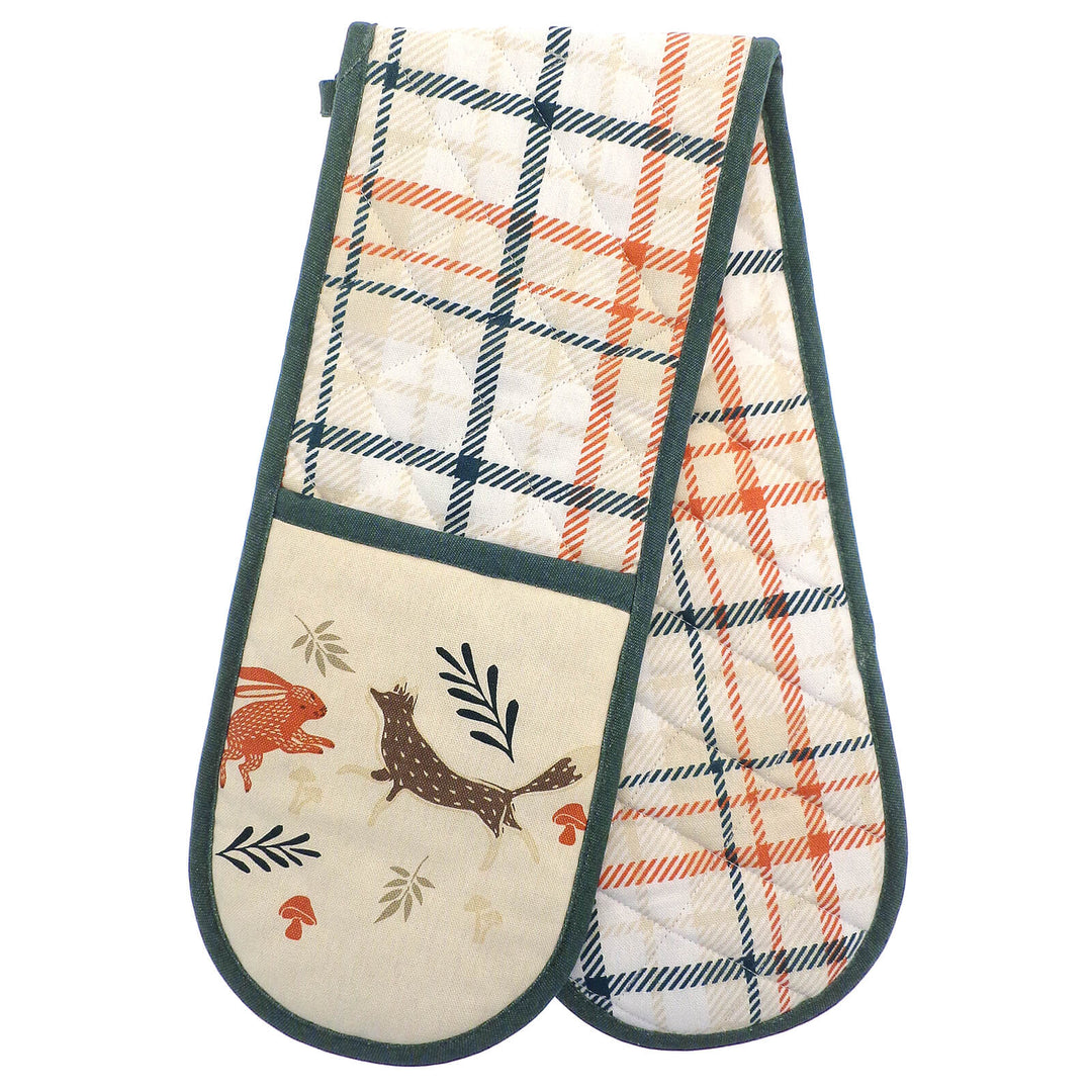 Woodland animals double oven glove in brown and beige