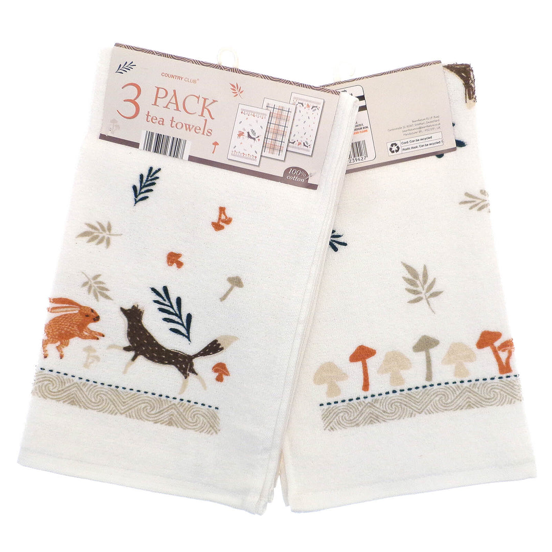 Pack of 3 Woodland creatures design tea towels for drying dishes