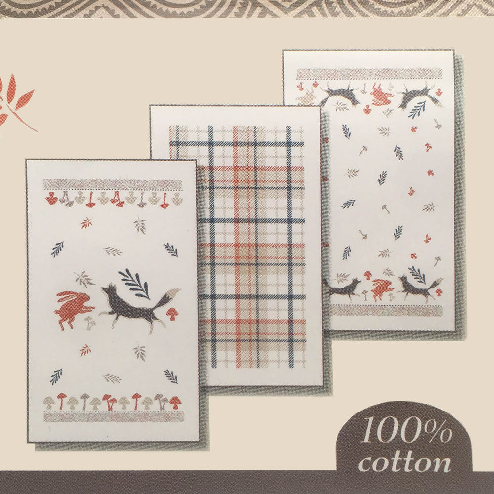 100% cotton set of 3 woodland theme tea towels for the kitchen