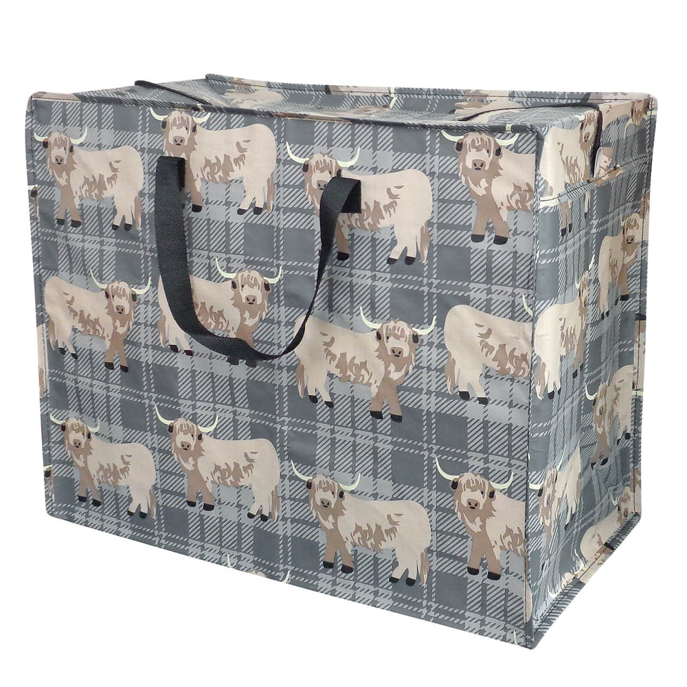 Storage box with highland cow pattern on a gray checkered background