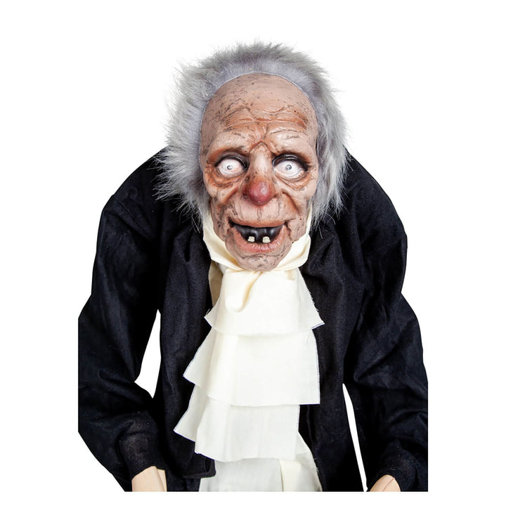 Close up of the face of animated creepy old butler figure