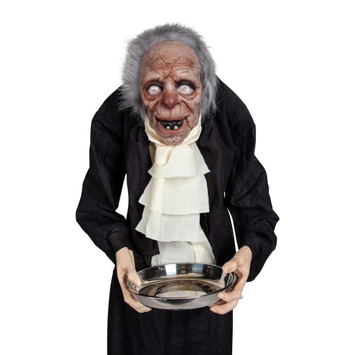 Creepy old butler figure holding a silverserving tray