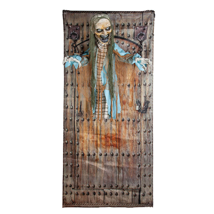 Zombie fire chained to a prison door Halloween decoration