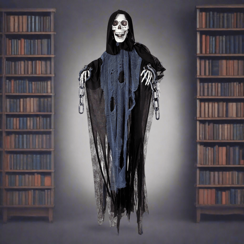 Ghostly figure with a blue scarf standing between two bookshelves in a dimly lit room.