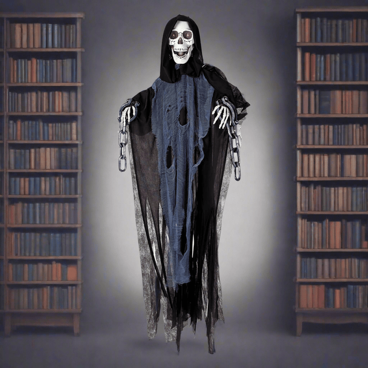 Ghostly figure with a blue scarf standing between two bookshelves in a dimly lit room.