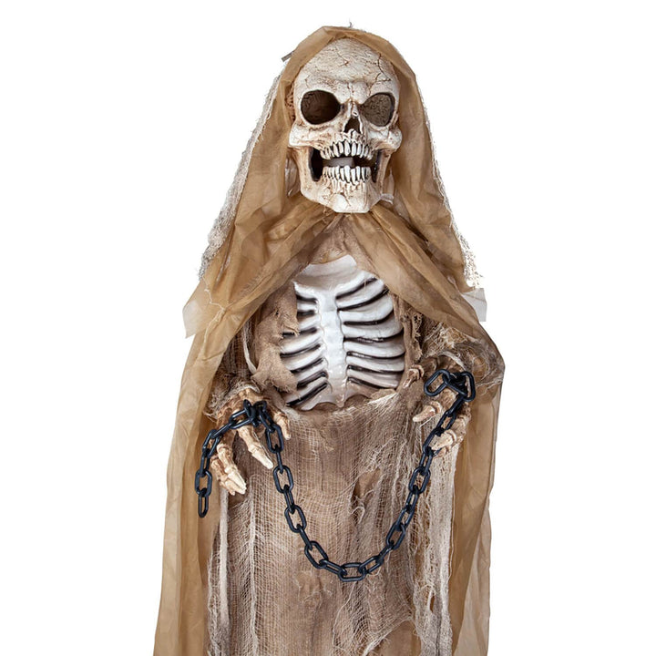 Detail of skeleton reaper figure with brown hooded shroud and hands in chains