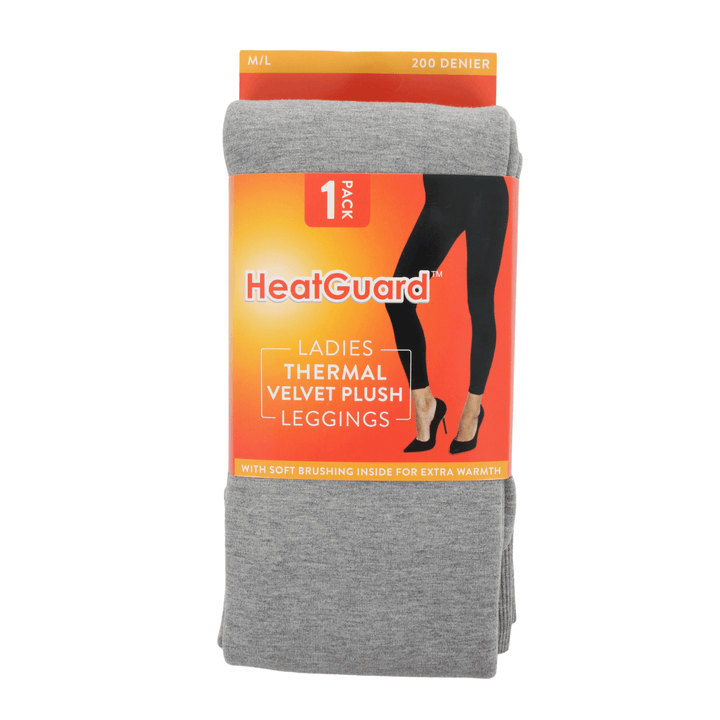 Gray leggings with HeatGuard packaging on a white background