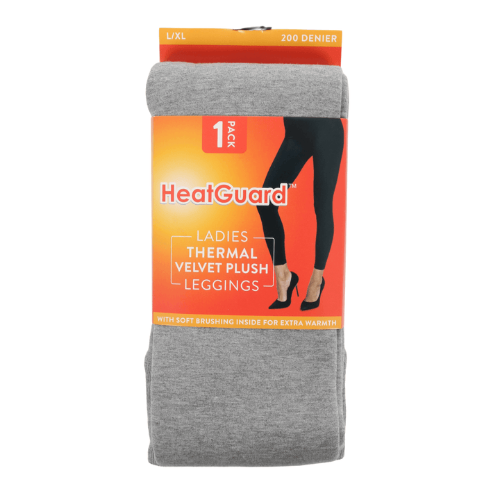 Gray leggings with HeatGuard packaging on a white background