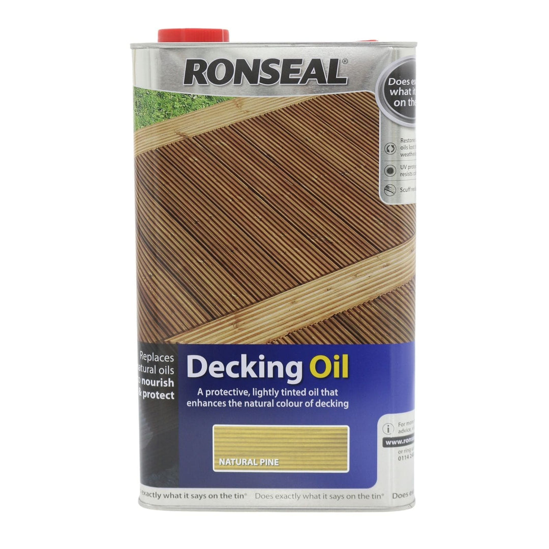 Can of Ronseal Decking Oil with a wooden texture on the label