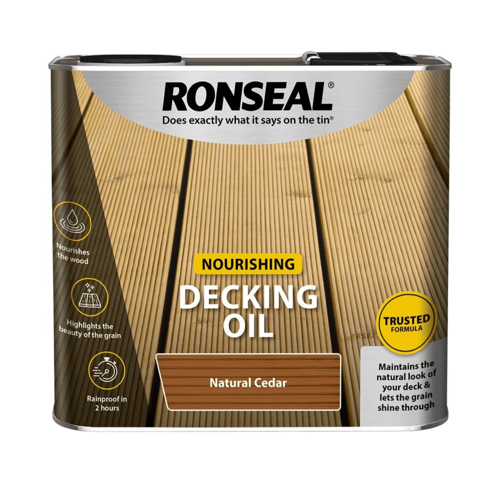 Ronseal Nourishing Decking Oil container with natural cedar finish on a white background