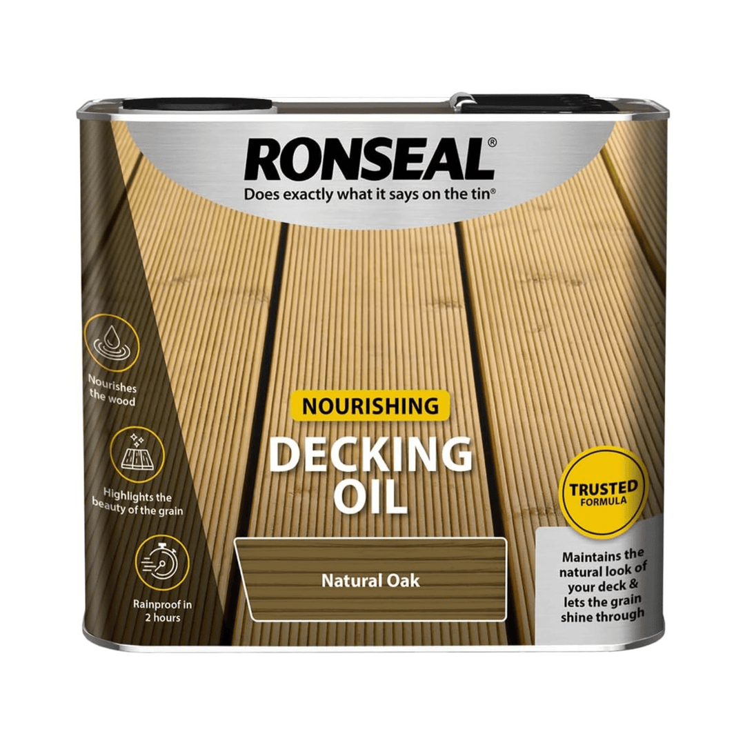 Ronseal Nourishing Decking Oil can with wooden background in natural oak colour